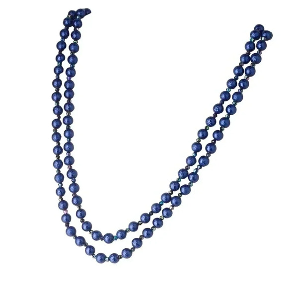 Retro Textured Bumpy Glass Pearl Beads Long Opera Length Necklace Cobalt Blue - Picture 1 of 4